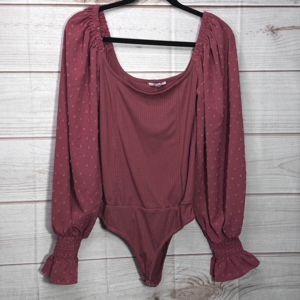 Promesa Swiss Dot Balloon Sleeve Ribbed Bodysuit Mauve Square Neck JTC10549 L